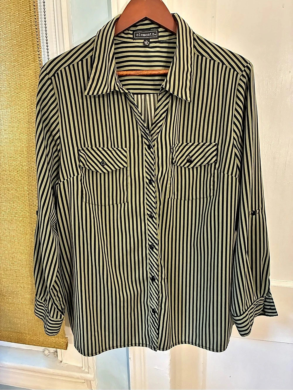 Imperfect! Elementz Striped Blouse in Olive & Black -armpit seem opening (shown)